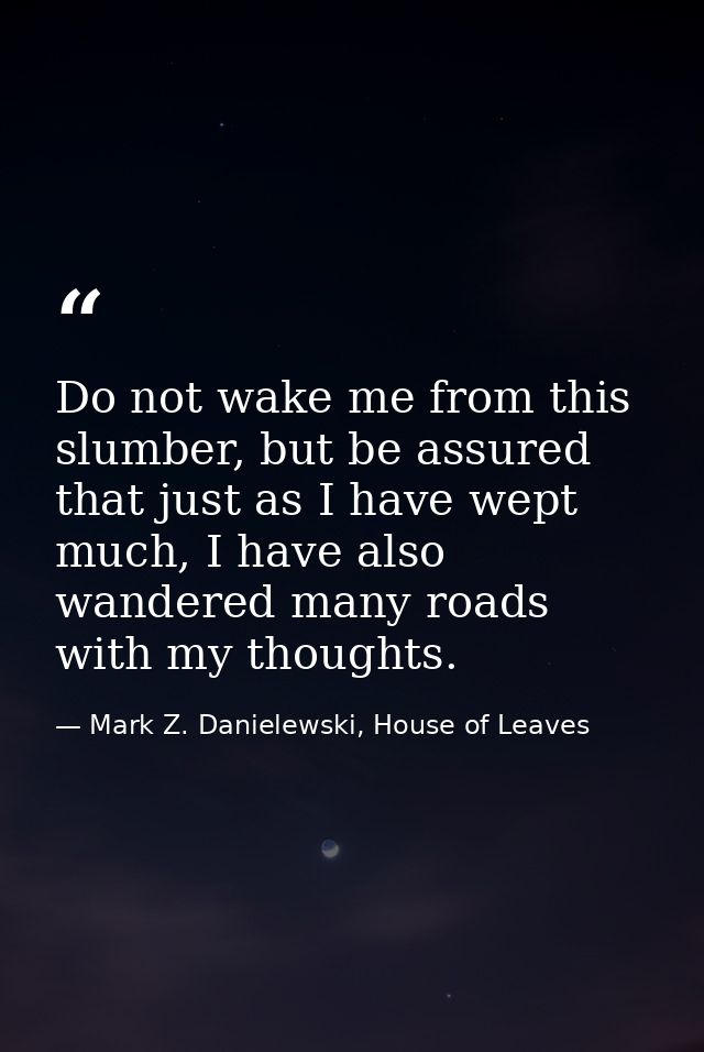 Do not wake me from this slumber, but be assured that just as I have wept much, I have also wandered many roads with my  — Mark Z. Danielewski, House of Leaves