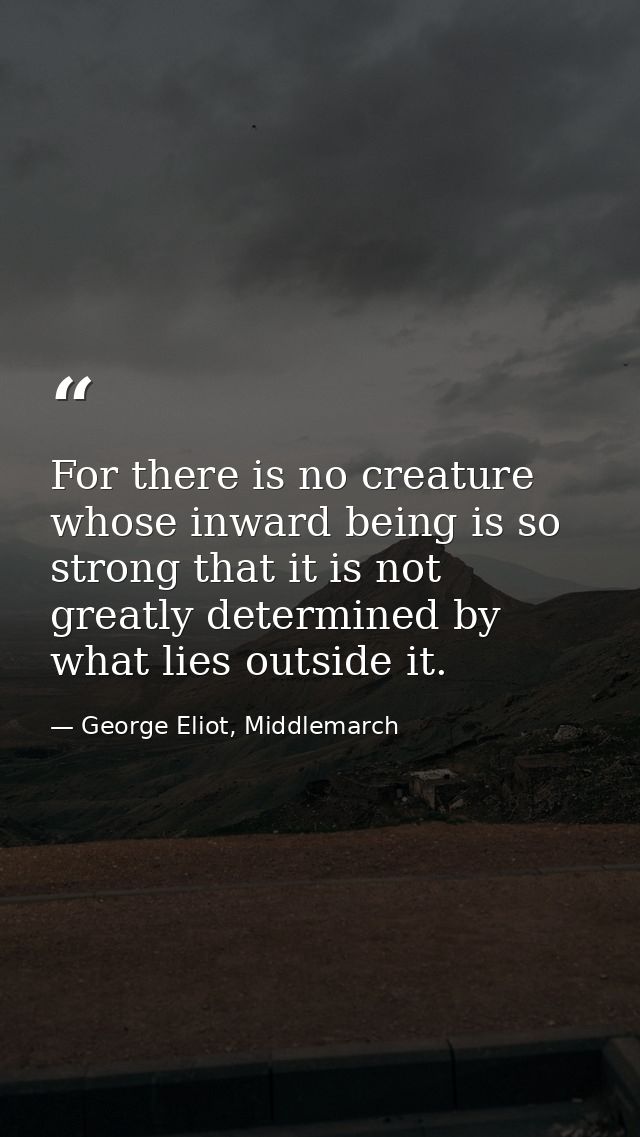 For there is no creature whose inward being is so strong that it is not greatly determined by what lies outside it. — George Eliot, Middlemarch