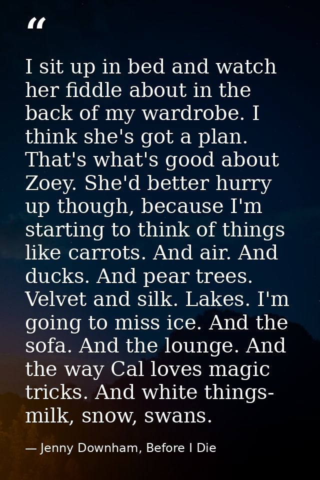 I sit up in bed and watch her fiddle about in the back of my wardrobe. I think she's got a plan. That's what's good abou — Jenny Downham, Before I Die