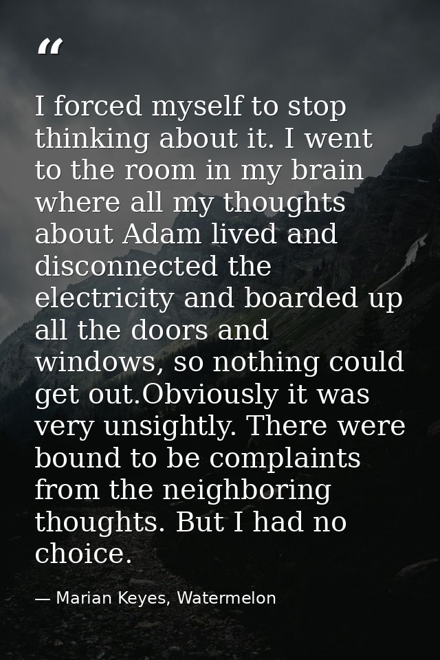 I forced myself to stop thinking about it. I went to the room in my brain where all my thoughts about Adam lived and dis — Marian Keyes, Watermelon