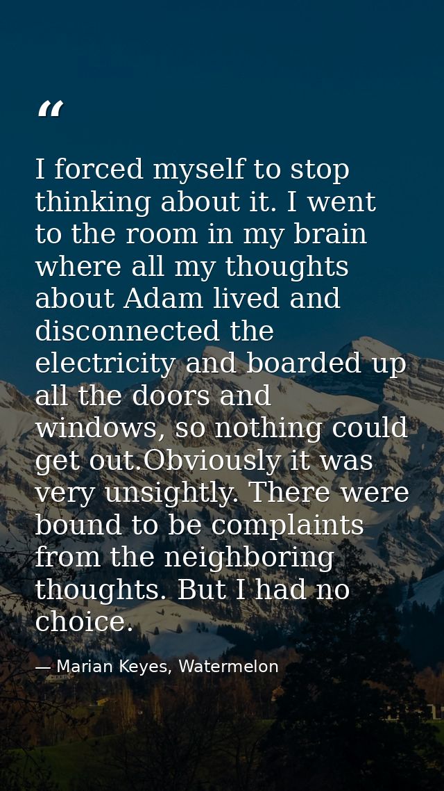 I forced myself to stop thinking about it. I went to the room in my brain where all my thoughts about Adam lived and dis — Marian Keyes, Watermelon