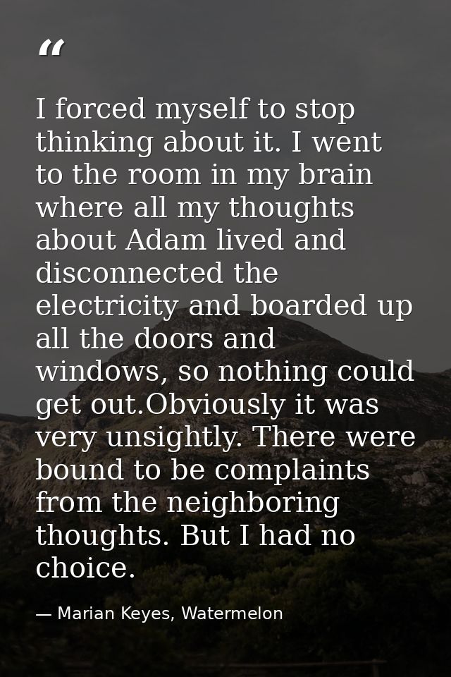 I forced myself to stop thinking about it. I went to the room in my brain where all my thoughts about Adam lived and dis — Marian Keyes, Watermelon