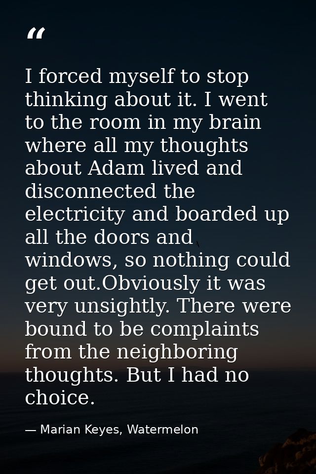 I forced myself to stop thinking about it. I went to the room in my brain where all my thoughts about Adam lived and dis — Marian Keyes, Watermelon