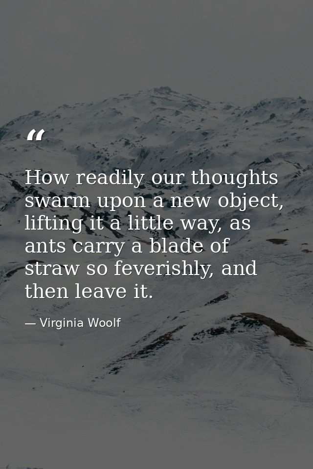 How readily our thoughts swarm upon a new object, lifting it a little way, as ants carry a blade of straw so feverishly, — Virginia Woolf