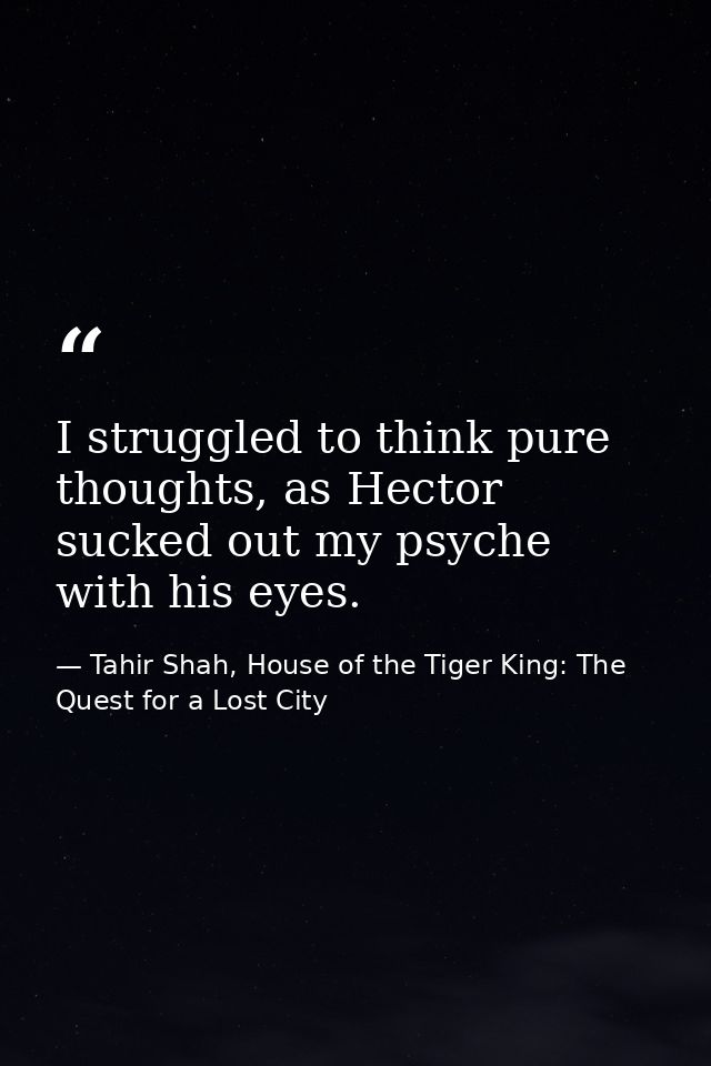 I struggled to think pure thoughts, as Hector sucked out my psyche with his eyes. — Tahir Shah, House of the Tiger King: The Quest for a Lost City