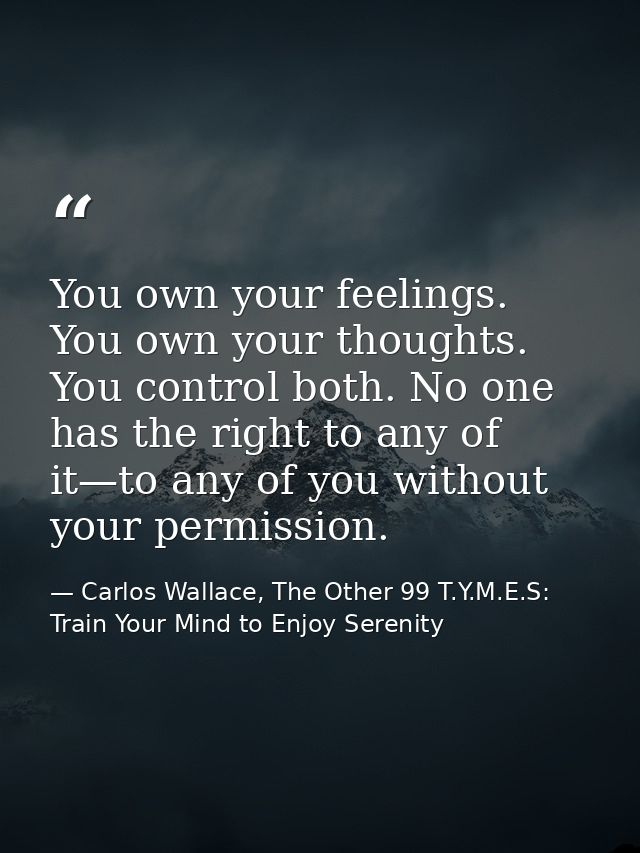 You own your feelings. You own your thoughts. You control both. No one has the right to any of it—to any of you without  — Carlos Wallace, The Other 99 T.Y.M.E.S: Train Your Mind to Enjoy Serenity