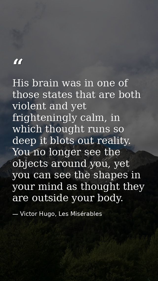His brain was in one of those states that are both violent and yet frighteningly calm, in which thought runs so deep it  — Victor Hugo, Les Misérables