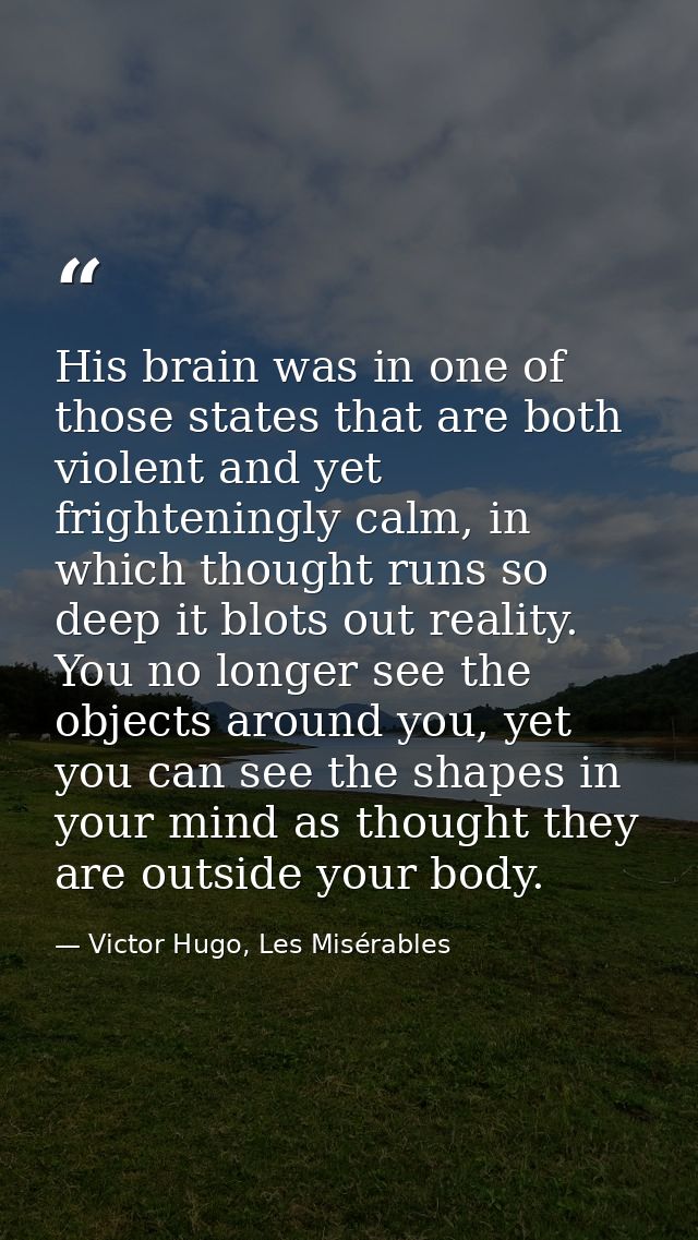 His brain was in one of those states that are both violent and yet frighteningly calm, in which thought runs so deep it  — Victor Hugo, Les Misérables