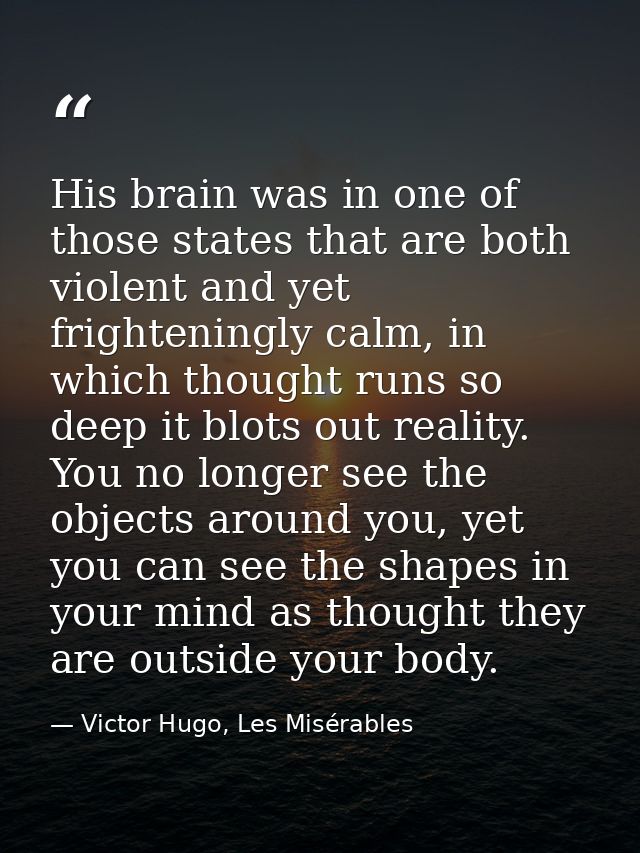 His brain was in one of those states that are both violent and yet frighteningly calm, in which thought runs so deep it  — Victor Hugo, Les Misérables