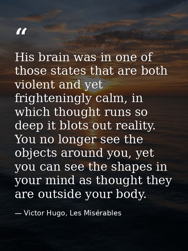 His brain was in one of those states that are both violent and yet frighteningly calm, in which thought runs so deep it  — Victor Hugo, Les Misérables