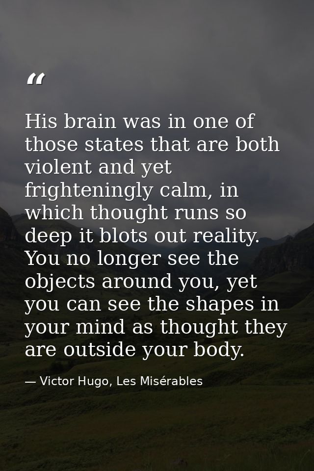 His brain was in one of those states that are both violent and yet frighteningly calm, in which thought runs so deep it  — Victor Hugo, Les Misérables