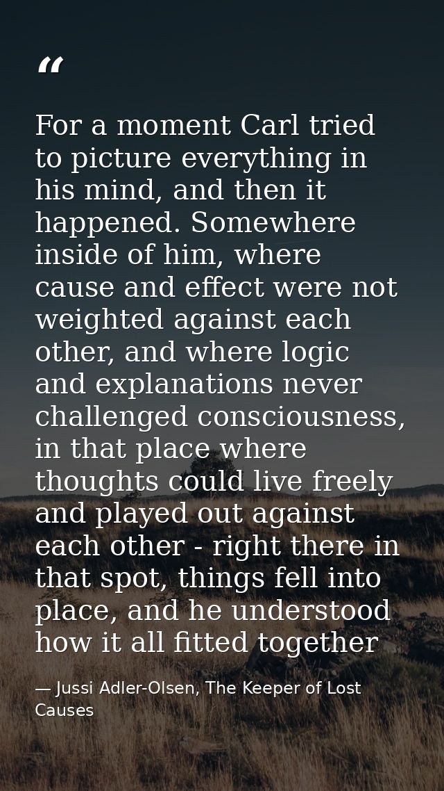 For a moment Carl tried to picture everything in his mind, and then it happened. Somewhere inside of him, where cause an — Jussi Adler-Olsen, The Keeper of Lost Causes