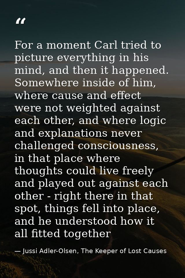 For a moment Carl tried to picture everything in his mind, and then it happened. Somewhere inside of him, where cause an — Jussi Adler-Olsen, The Keeper of Lost Causes