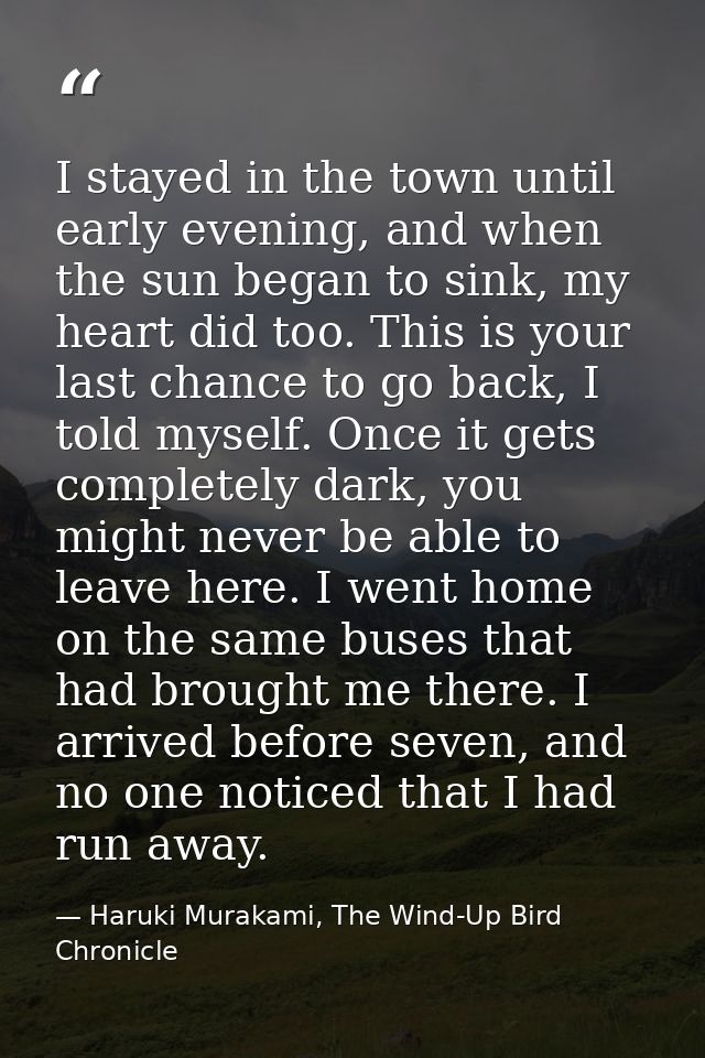 I stayed in the town until early evening, and when the sun began to sink, my heart did too. This is your last chance to  — Haruki Murakami, The Wind-Up Bird Chronicle