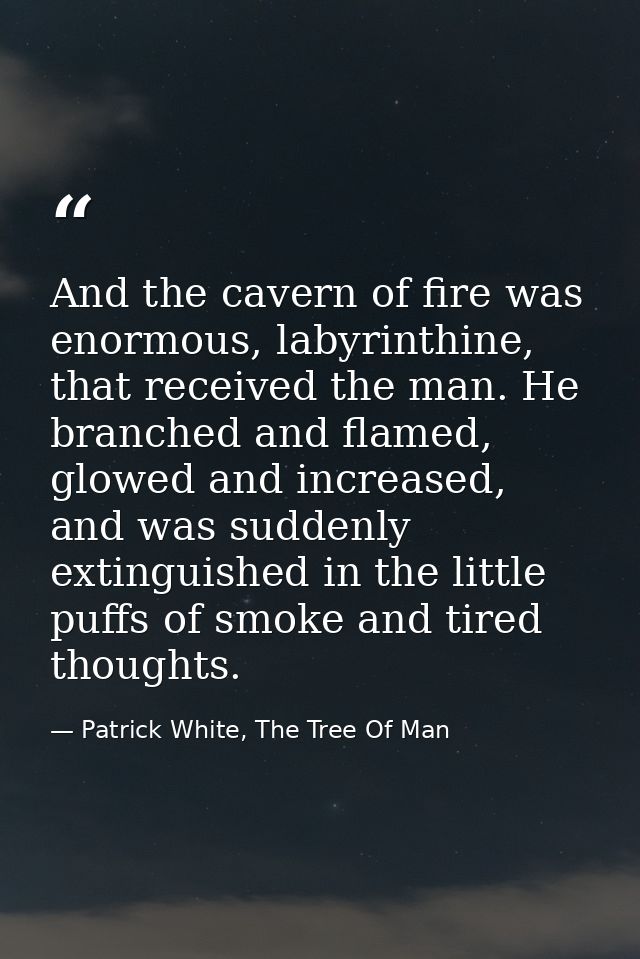 And the cavern of fire was enormous, labyrinthine, that received the man. He branched and flamed, glowed and increased,  — Patrick White, The Tree Of Man