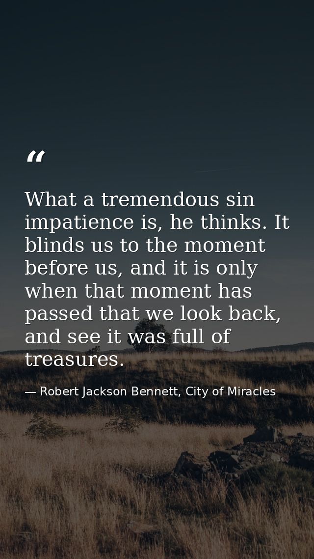 What a tremendous sin impatience is, he thinks. It blinds us to the moment before us, and it is only when that moment ha — Robert Jackson Bennett, City of Miracles