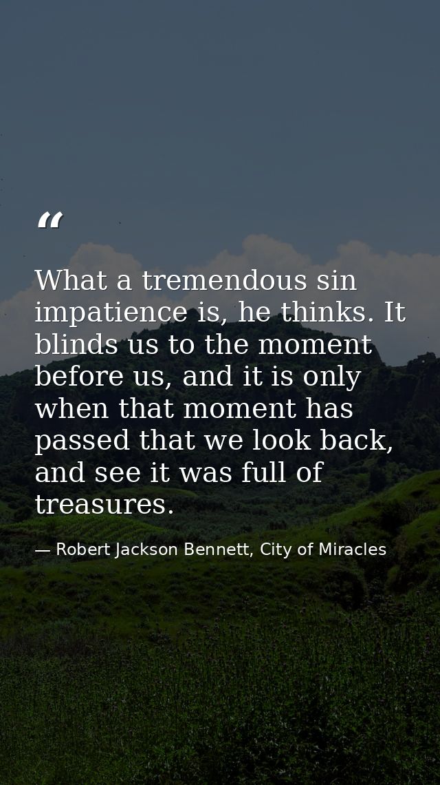 What a tremendous sin impatience is, he thinks. It blinds us to the moment before us, and it is only when that moment ha — Robert Jackson Bennett, City of Miracles