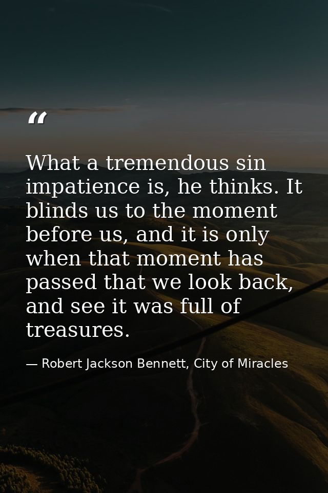 What a tremendous sin impatience is, he thinks. It blinds us to the moment before us, and it is only when that moment ha — Robert Jackson Bennett, City of Miracles
