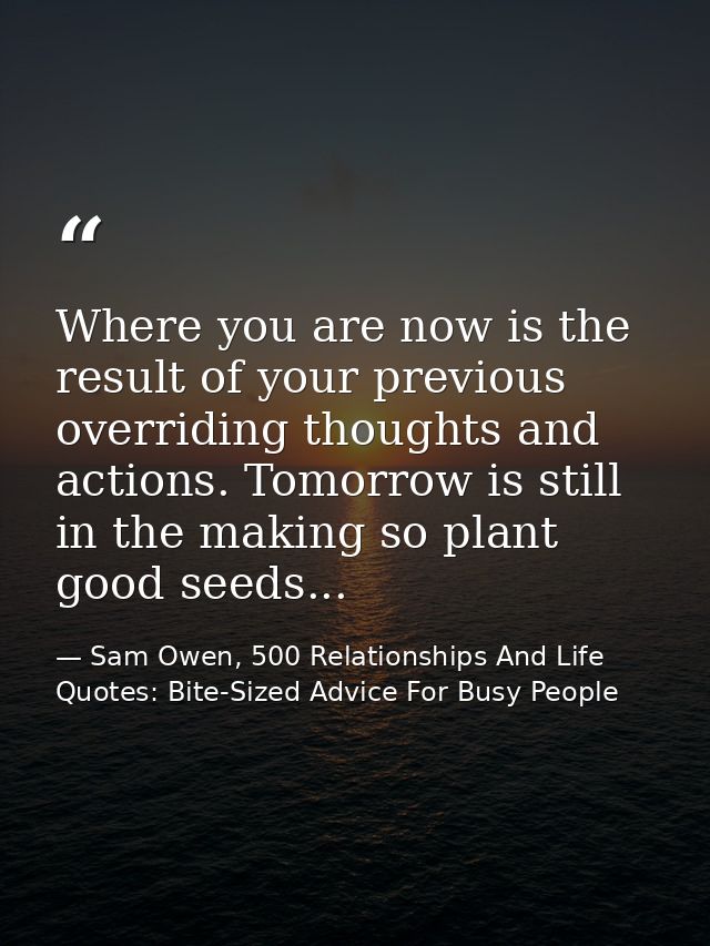 Where you are now is the result of your previous overriding thoughts and actions. Tomorrow is still in the making so pla — Sam Owen, 500 Relationships And Life Quotes: Bite-Sized Advice For Busy People