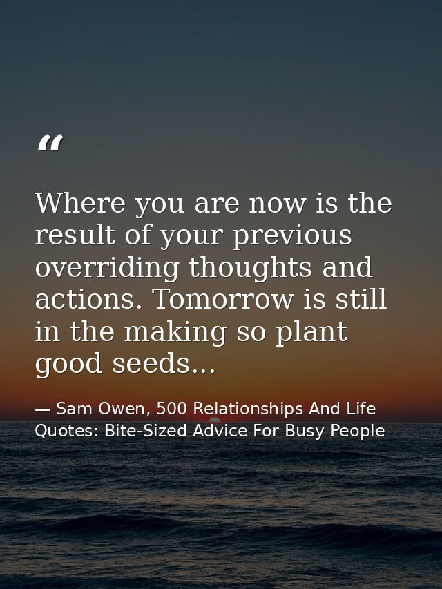 Where you are now is the result of your previous overriding thoughts and actions. Tomorrow is still in the making so pla — Sam Owen, 500 Relationships And Life Quotes: Bite-Sized Advice For Busy People