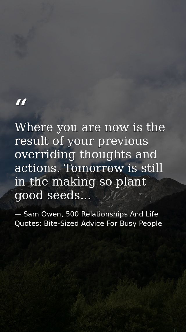 Where you are now is the result of your previous overriding thoughts and actions. Tomorrow is still in the making so pla — Sam Owen, 500 Relationships And Life Quotes: Bite-Sized Advice For Busy People