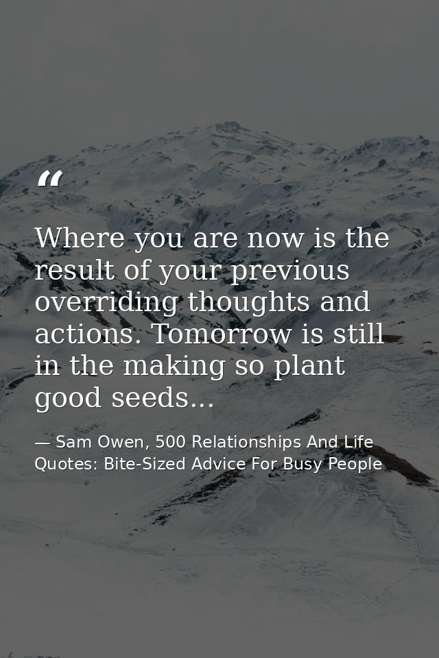 Where you are now is the result of your previous overriding thoughts and actions. Tomorrow is still in the making so pla — Sam Owen, 500 Relationships And Life Quotes: Bite-Sized Advice For Busy People