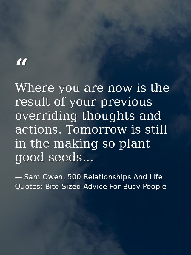 Where you are now is the result of your previous overriding thoughts and actions. Tomorrow is still in the making so pla — Sam Owen, 500 Relationships And Life Quotes: Bite-Sized Advice For Busy People