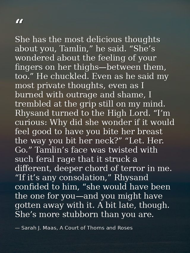 She has the most delicious thoughts about you, Tamlin,” he said. “She’s wondered about the feeling of your fingers on he — Sarah J. Maas, A Court of Thorns and Roses
