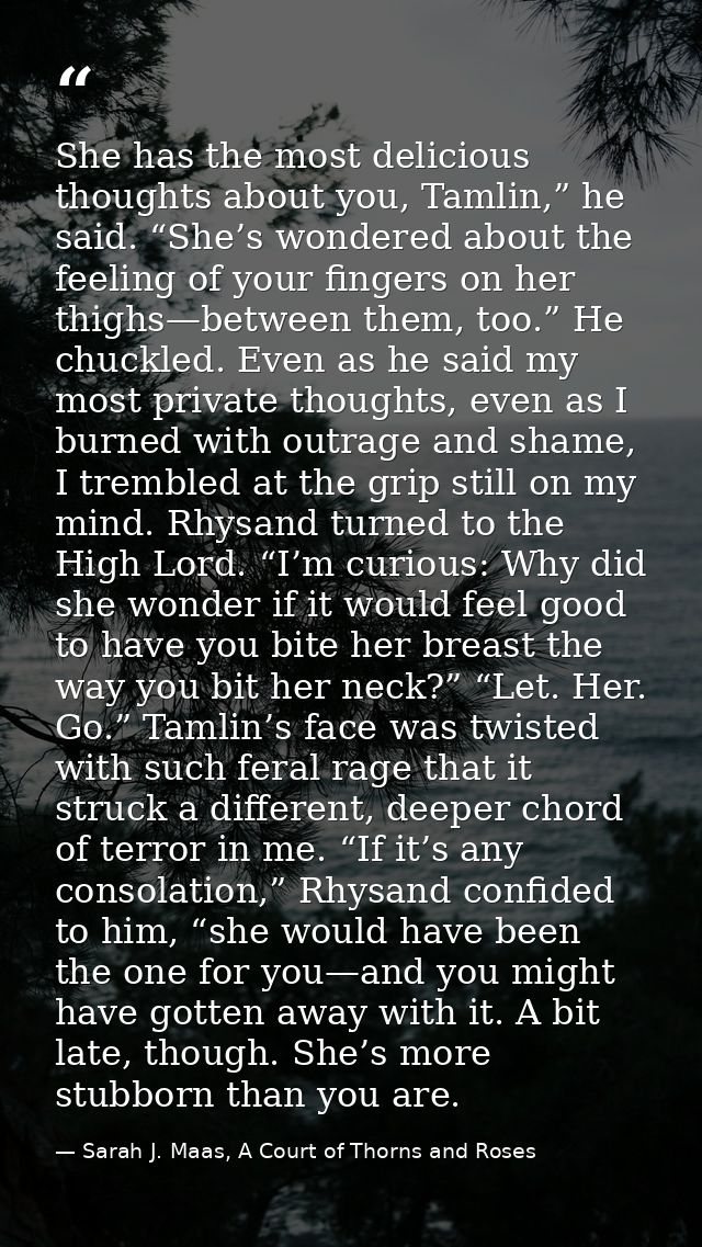 She has the most delicious thoughts about you, Tamlin,” he said. “She’s wondered about the feeling of your fingers on he — Sarah J. Maas, A Court of Thorns and Roses