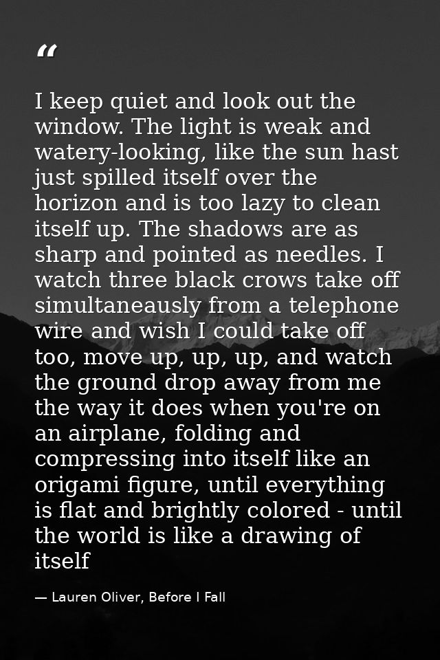 I keep quiet and look out the window. The light is weak and watery-looking, like the sun hast just spilled itself over t — Lauren Oliver, Before I Fall