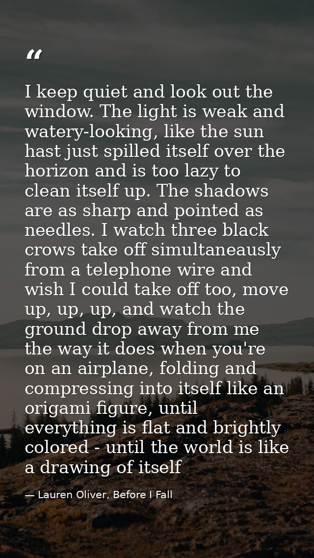 I keep quiet and look out the window. The light is weak and watery-looking, like the sun hast just spilled itself over t — Lauren Oliver, Before I Fall