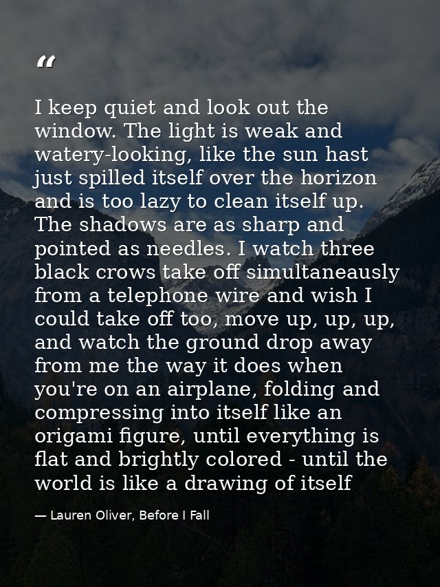 I keep quiet and look out the window. The light is weak and watery-looking, like the sun hast just spilled itself over t — Lauren Oliver, Before I Fall