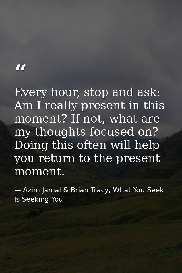 Every hour, stop and ask: Am I really present in this moment? If not, what are my thoughts focused on? Doing this often  — Azim Jamal & Brian Tracy, What You Seek Is Seeking You