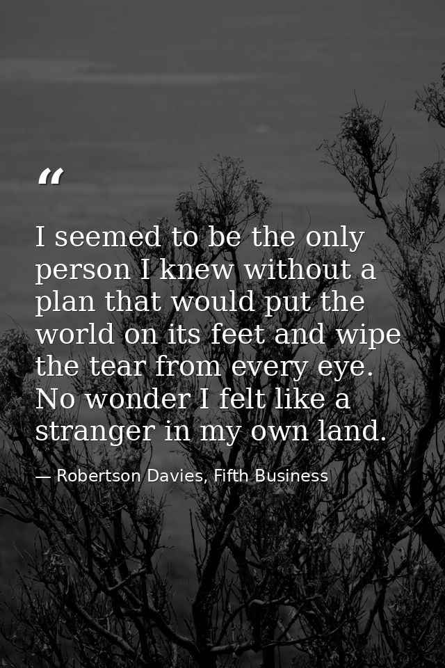 I seemed to be the only person I knew without a plan that would put the world on its feet and wipe the tear from every e — Robertson Davies, Fifth Business