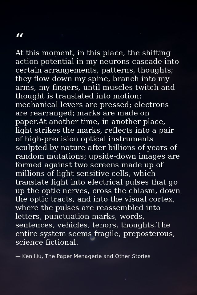 At this moment, in this place, the shifting action potential in my neurons cascade into certain arrangements, patterns,  — Ken Liu, The Paper Menagerie and Other Stories