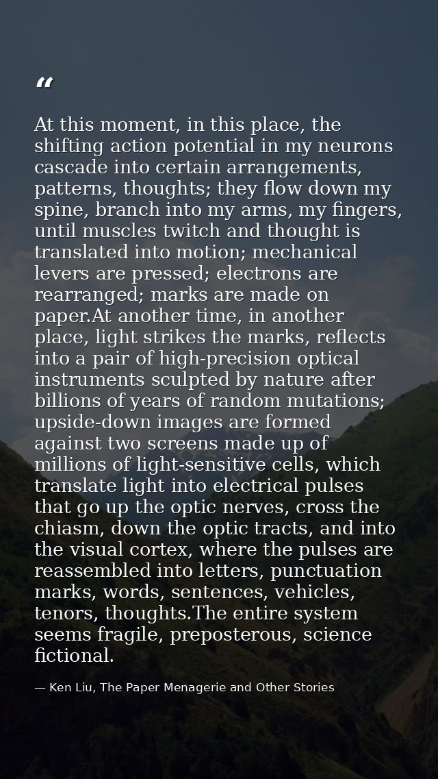 At this moment, in this place, the shifting action potential in my neurons cascade into certain arrangements, patterns,  — Ken Liu, The Paper Menagerie and Other Stories