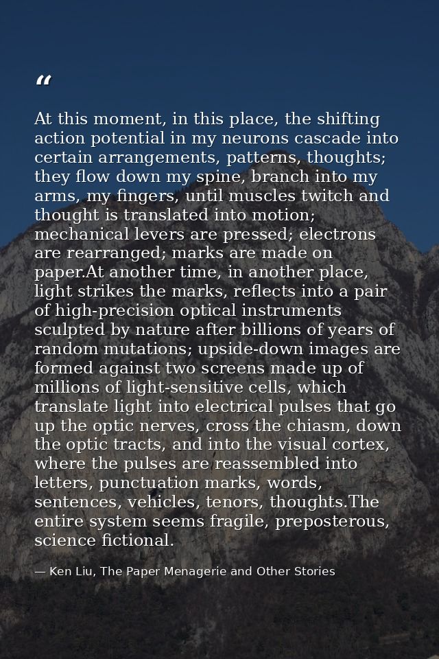 At this moment, in this place, the shifting action potential in my neurons cascade into certain arrangements, patterns,  — Ken Liu, The Paper Menagerie and Other Stories