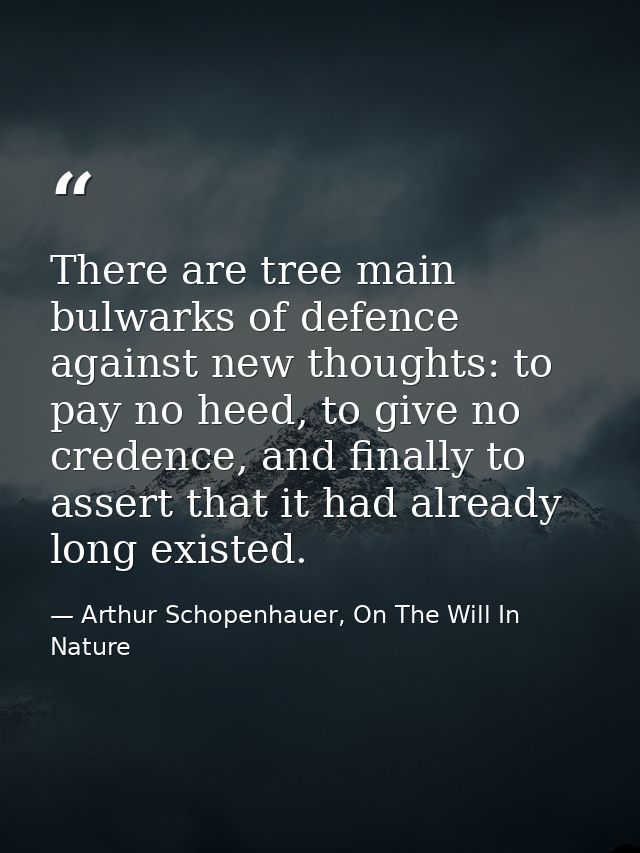 There are tree main bulwarks of defence against new thoughts: to pay no heed, to give no credence, and finally to assert — Arthur Schopenhauer, On The Will In Nature