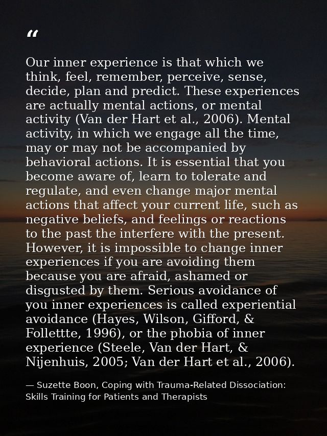 Our inner experience is that which we think, feel, remember, perceive, sense, decide, plan and predict. These experience — Suzette Boon, Coping with Trauma-Related Dissociation: Skills Training for Patients and Therapists