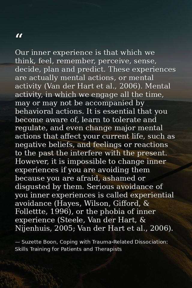 Our inner experience is that which we think, feel, remember, perceive, sense, decide, plan and predict. These experience — Suzette Boon, Coping with Trauma-Related Dissociation: Skills Training for Patients and Therapists