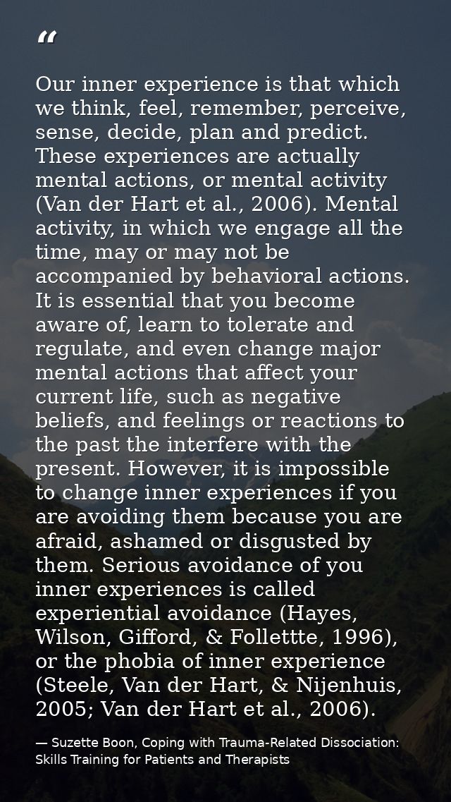 Our inner experience is that which we think, feel, remember, perceive, sense, decide, plan and predict. These experience — Suzette Boon, Coping with Trauma-Related Dissociation: Skills Training for Patients and Therapists
