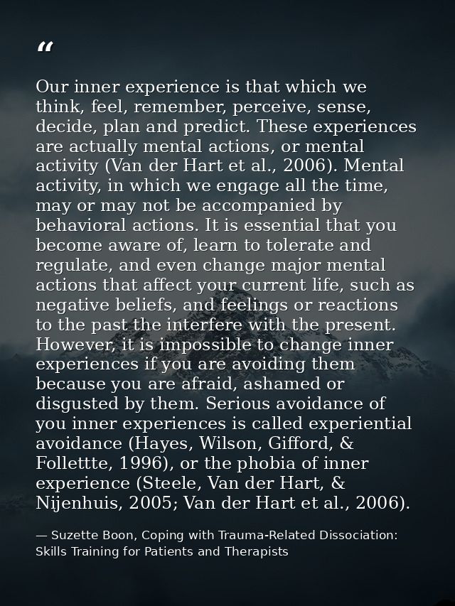 Our inner experience is that which we think, feel, remember, perceive, sense, decide, plan and predict. These experience — Suzette Boon, Coping with Trauma-Related Dissociation: Skills Training for Patients and Therapists
