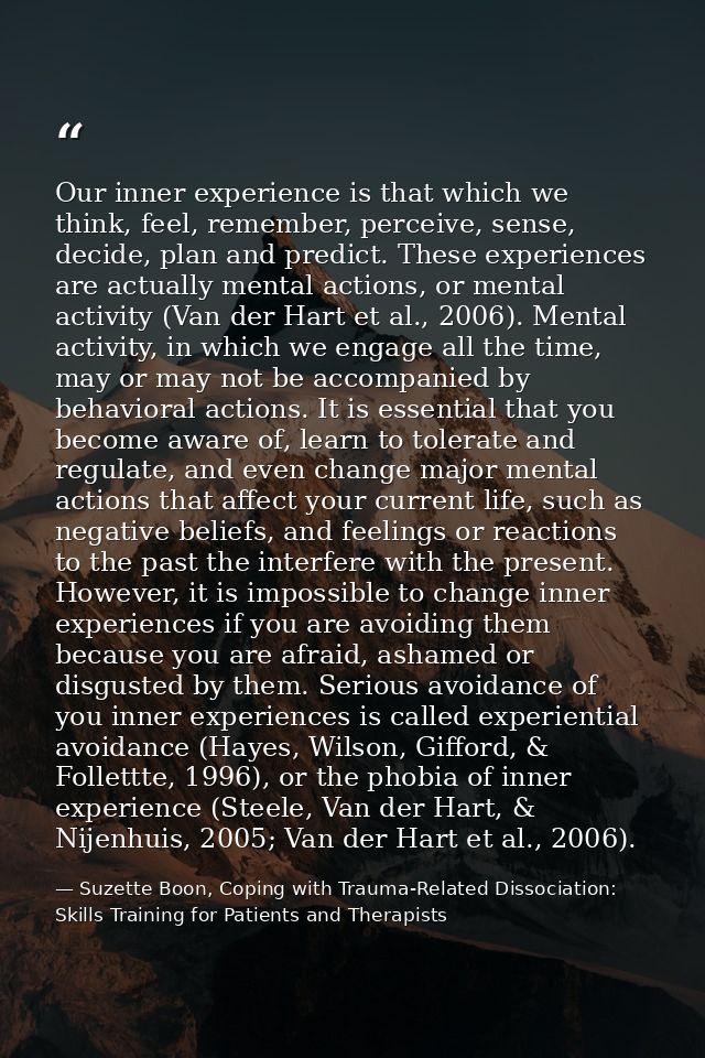 Our inner experience is that which we think, feel, remember, perceive, sense, decide, plan and predict. These experience — Suzette Boon, Coping with Trauma-Related Dissociation: Skills Training for Patients and Therapists