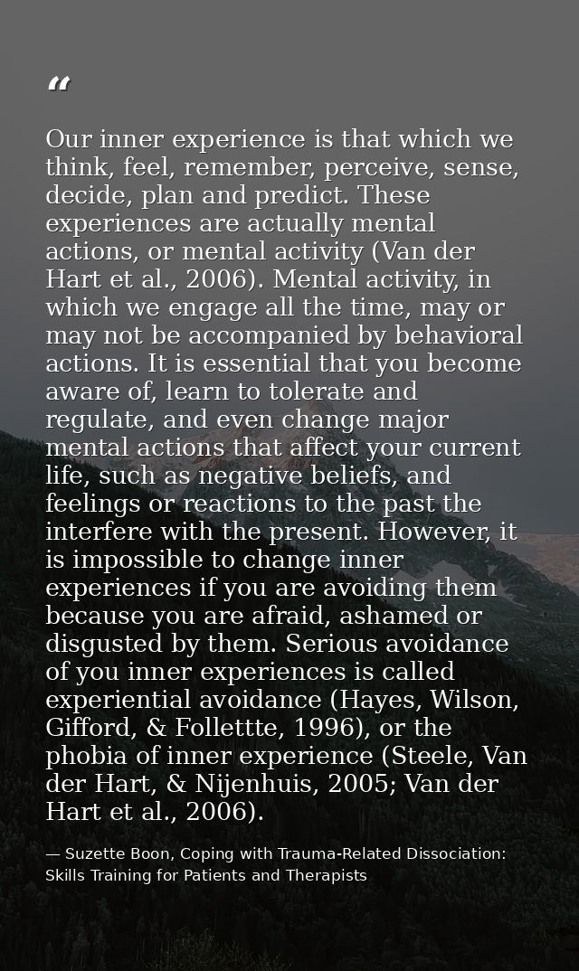 Our inner experience is that which we think, feel, remember, perceive, sense, decide, plan and predict. These experience — Suzette Boon, Coping with Trauma-Related Dissociation: Skills Training for Patients and Therapists