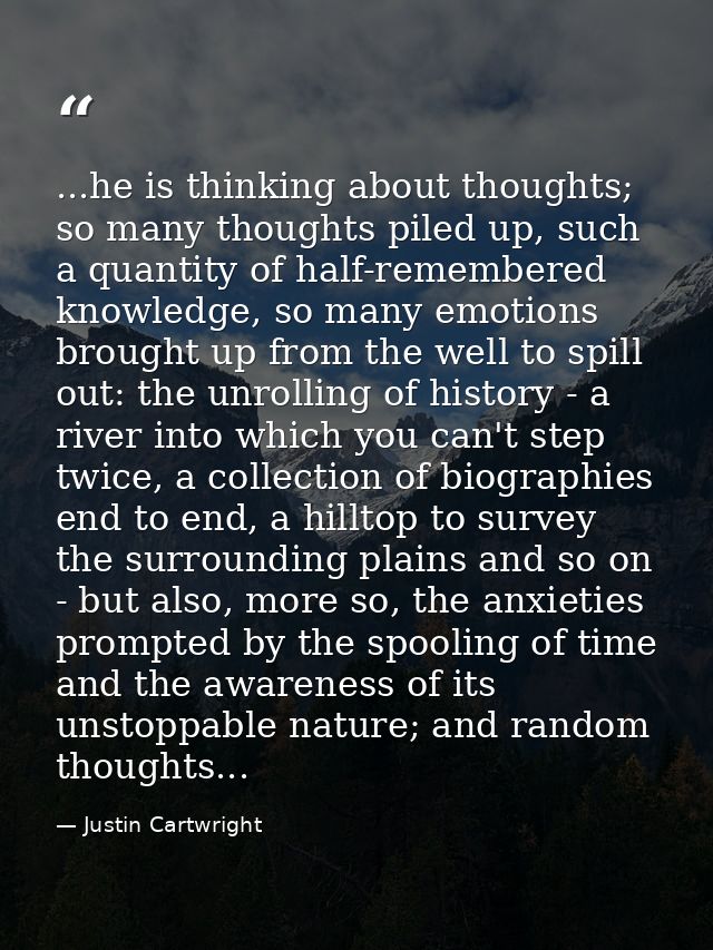 ...he is thinking about thoughts; so many thoughts piled up, such a quantity of half-remembered knowledge, so many emoti — Justin Cartwright