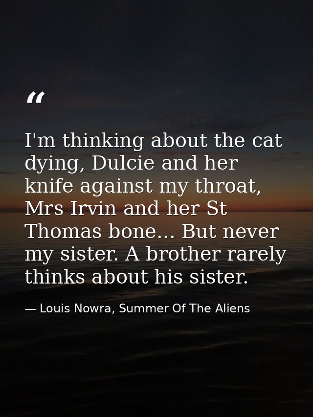I'm thinking about the cat dying, Dulcie and her knife against my throat, Mrs Irvin and her St Thomas bone... But never  — Louis Nowra, Summer Of The Aliens