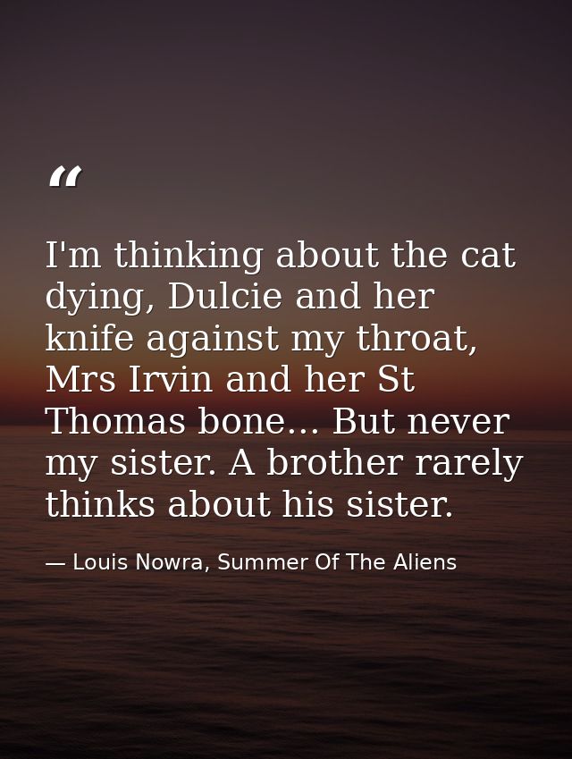 I'm thinking about the cat dying, Dulcie and her knife against my throat, Mrs Irvin and her St Thomas bone... But never  — Louis Nowra, Summer Of The Aliens