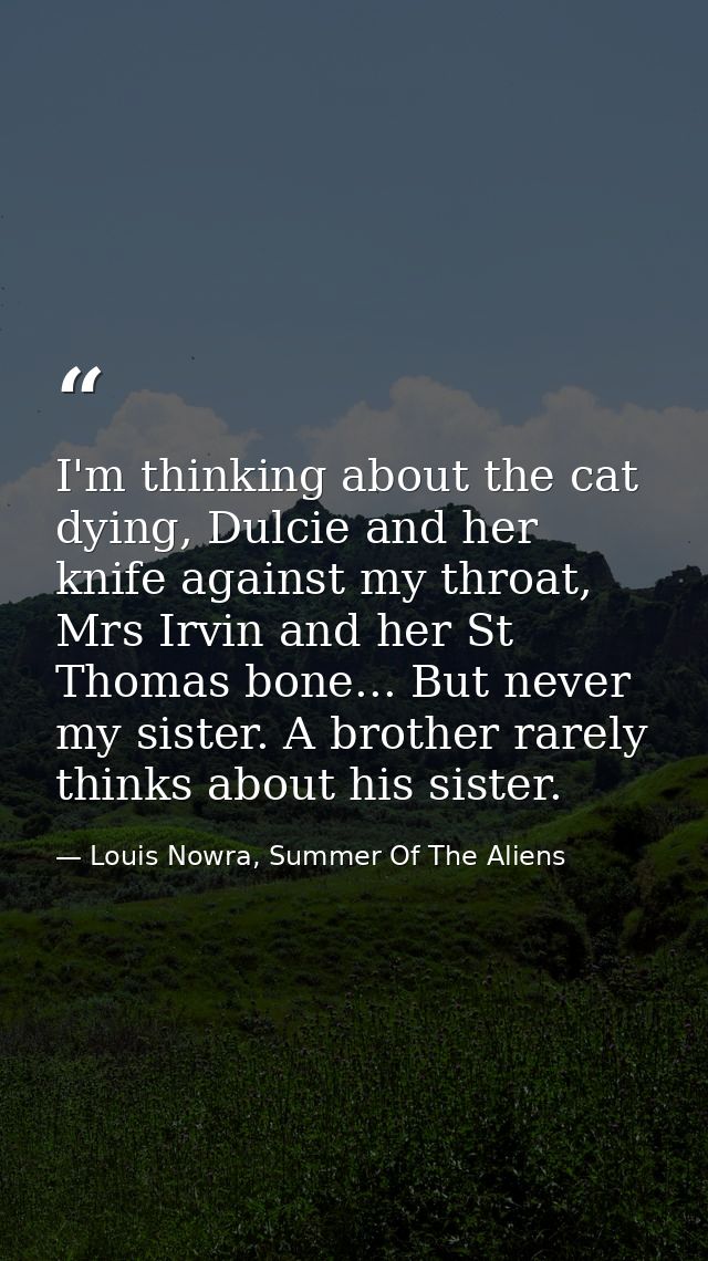 I'm thinking about the cat dying, Dulcie and her knife against my throat, Mrs Irvin and her St Thomas bone... But never  — Louis Nowra, Summer Of The Aliens