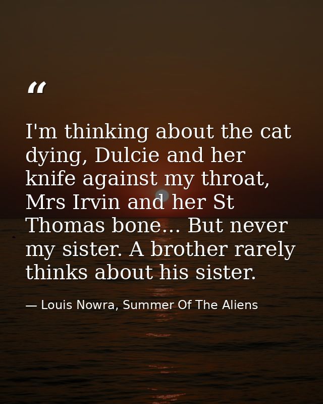 I'm thinking about the cat dying, Dulcie and her knife against my throat, Mrs Irvin and her St Thomas bone... But never  — Louis Nowra, Summer Of The Aliens