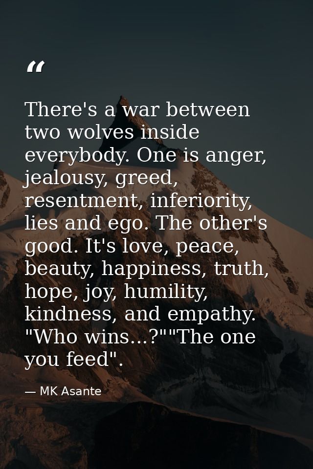 There's a war between two wolves inside everybody. One is anger, jealousy, greed, resentment, inferiority, lies and ego. — MK Asante